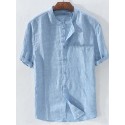 Men's Shirt 100% Cotton Solid Colored Collar Standing Collar Office Career Causal Patchwork Short Sleeve Tops Cotton Basic Casual Daily White Blue Summer Comfortable Lightweight